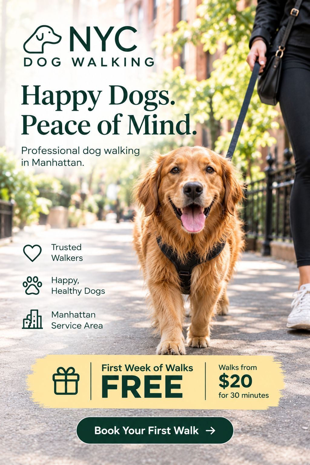 Grand opening poster for The NYC Dog Walking Company, with a golden retriever on a Manhattan sidewalk, a red Grand Opening banner, and a yellow band for a free first week of walks.
